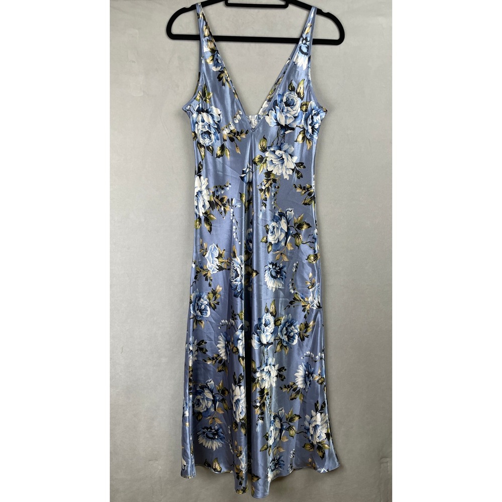 Jones New York Blue Floral Romantic Satin Soft Girl Spring Dress Midi V-Neck M - Picture 2 of 8
